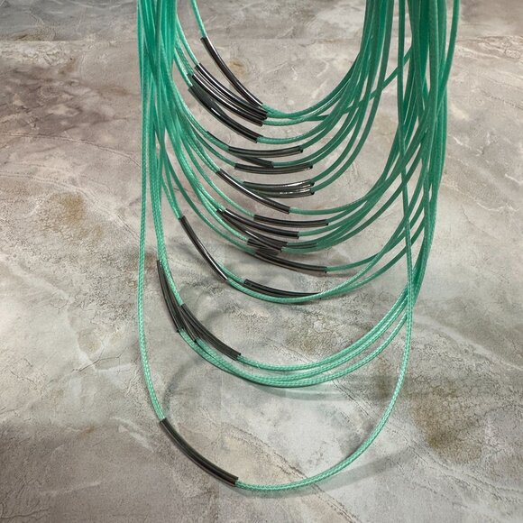 Multi-Strand Mint Green Cord Necklace Silver Tone Metal Accents & Lobster Clasp - Picture 7 of 7